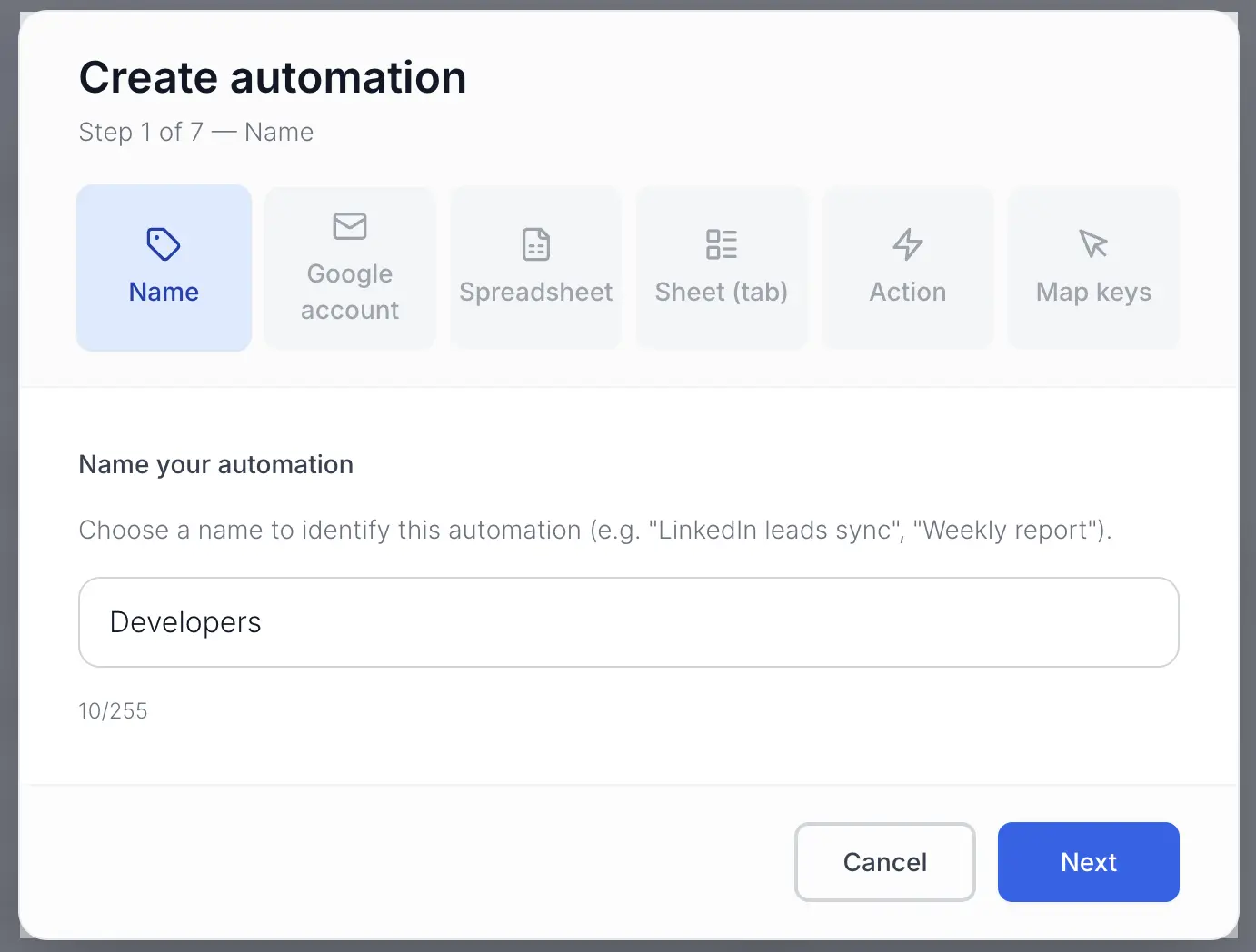 Create automation step 1: Name