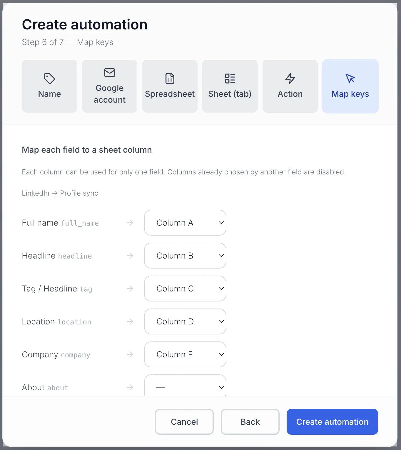 Create automation step 6: Map keys