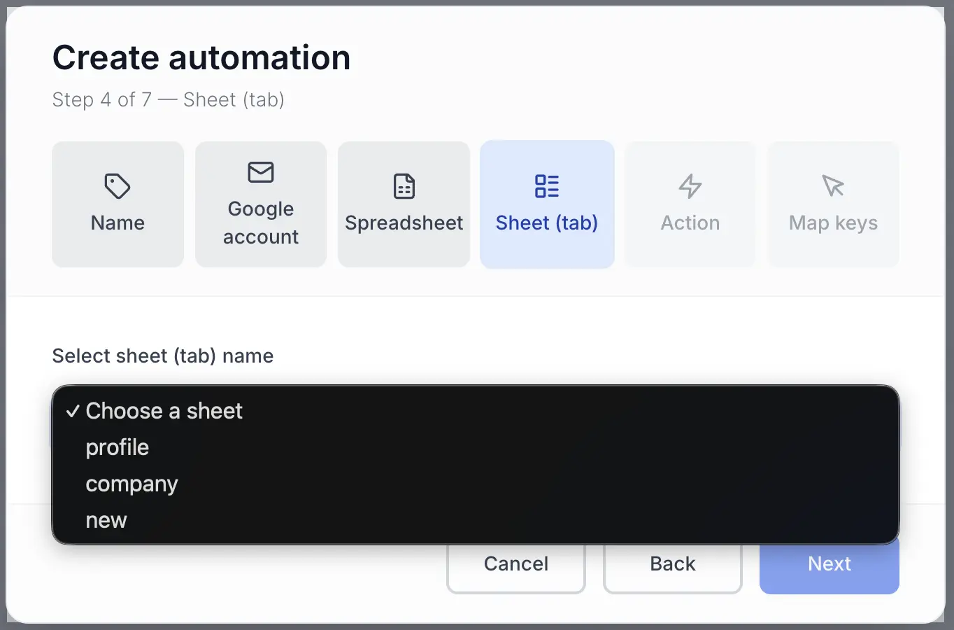 Create automation step 4: Sheet (tab)