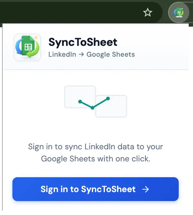 SyncToSheet Chrome extension popup showing Sign in button