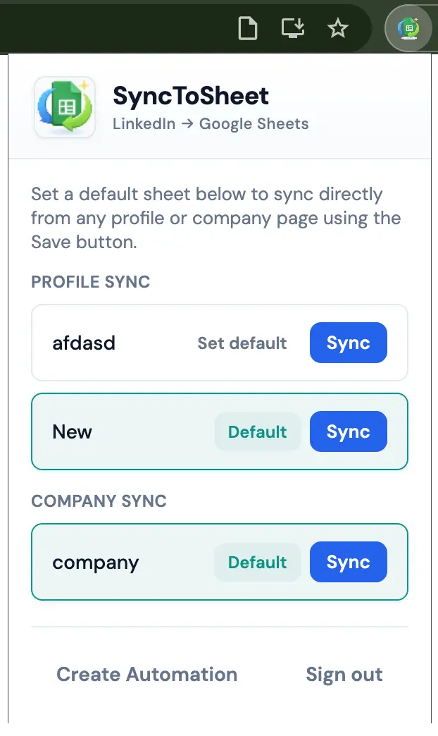 SyncToSheet extension popup showing automations list and Set default for Profile / Company