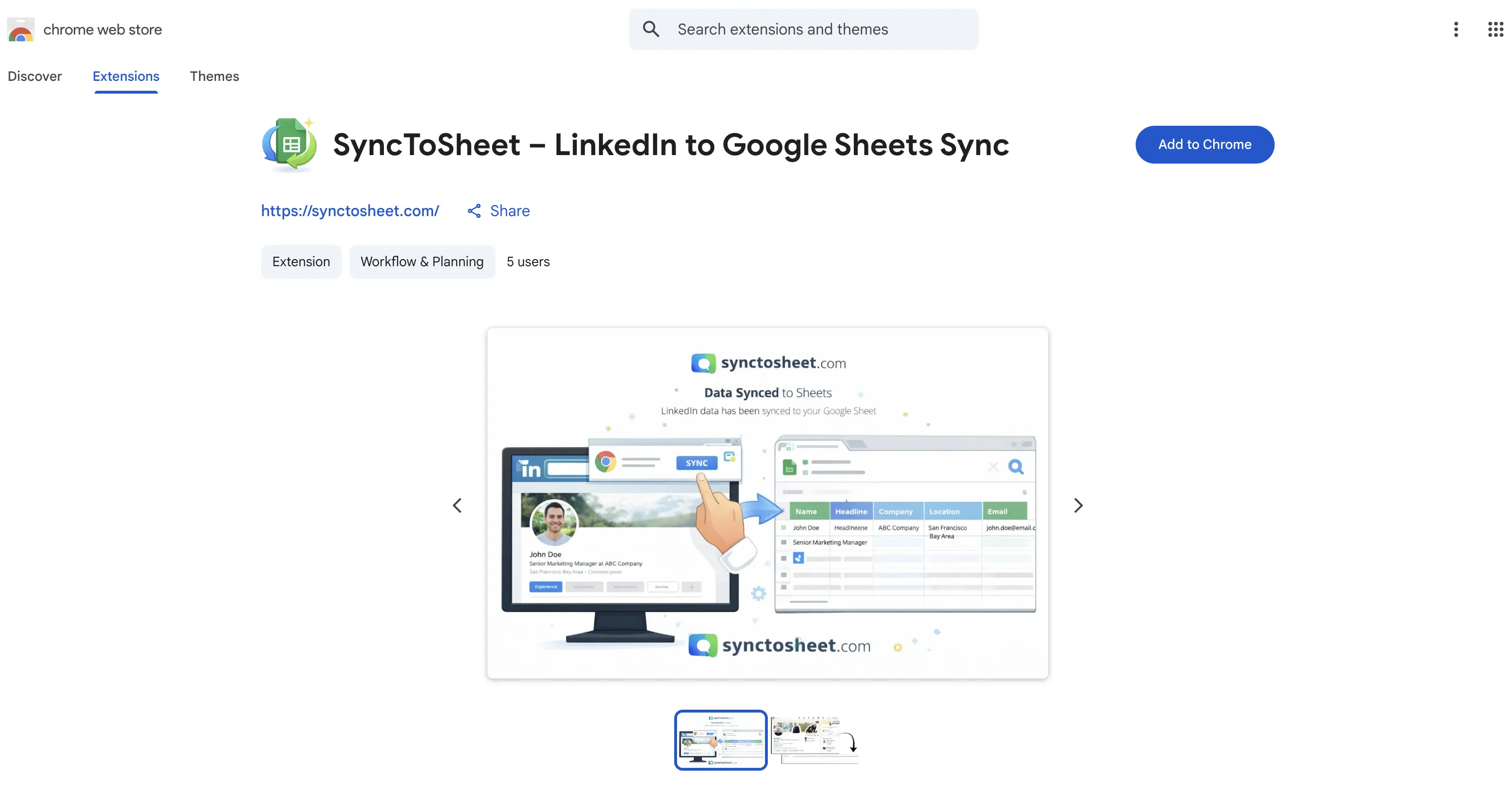 SyncToSheet extension in Chrome Web Store with Add to Chrome button
