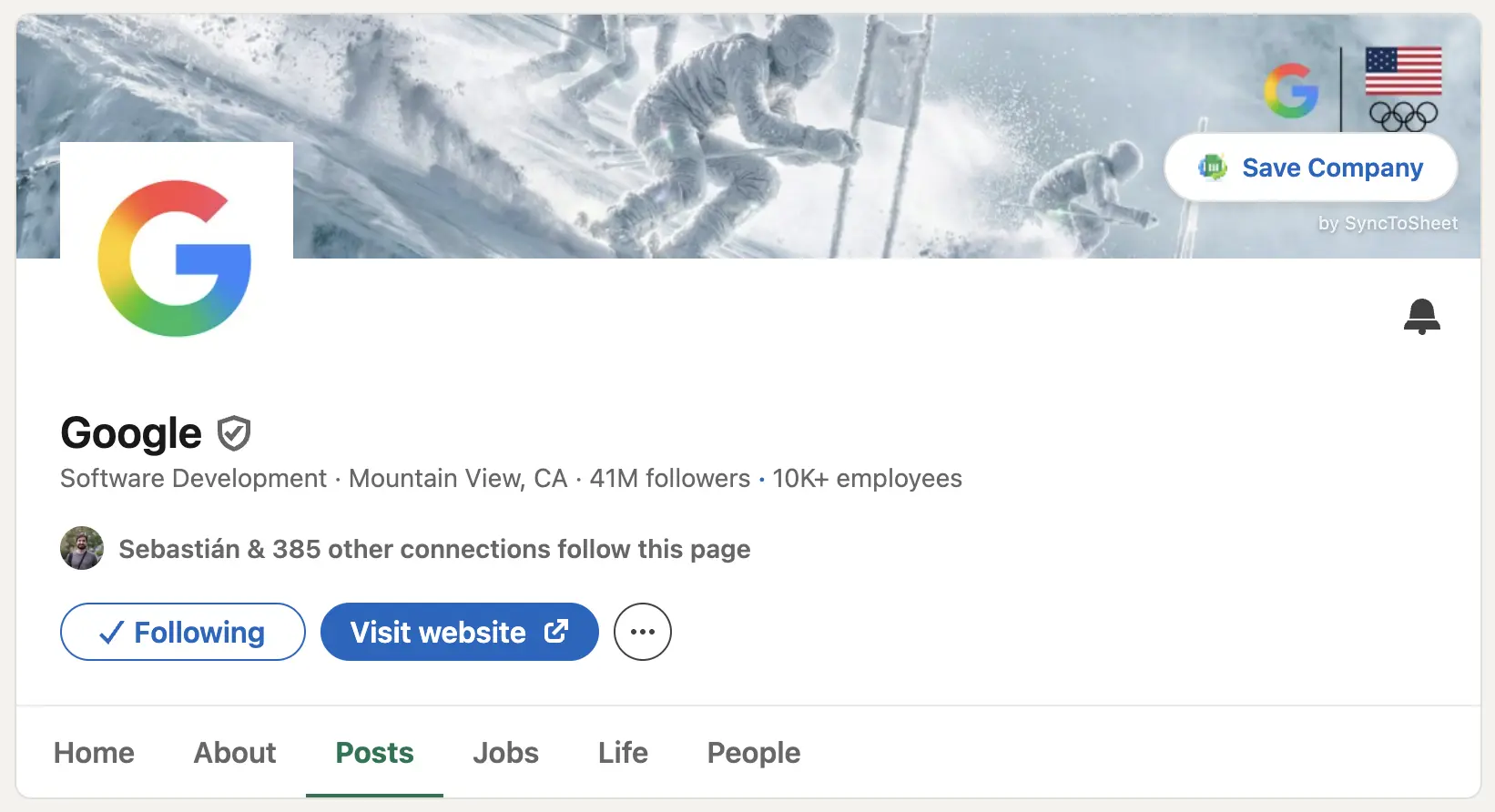 SyncToSheet Save Company button on a LinkedIn company page, one-click export to Google Sheets